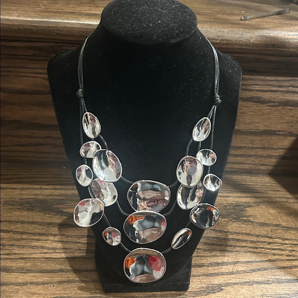 Chico’s Large Silver Tone Medallion and Black Rope Semi Bib Statement Necklace